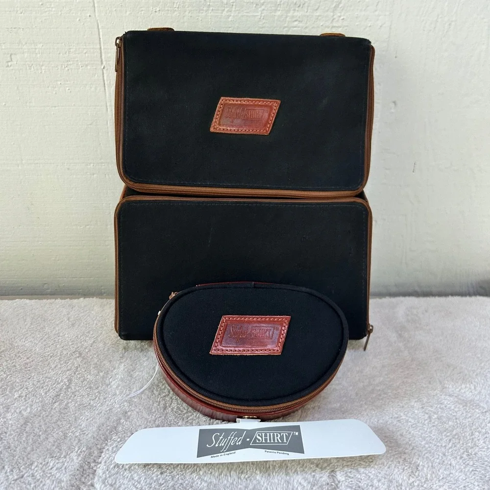 Stuffed Shirt Travel Organizer Set Black Canvas Leather Trim Made in England
